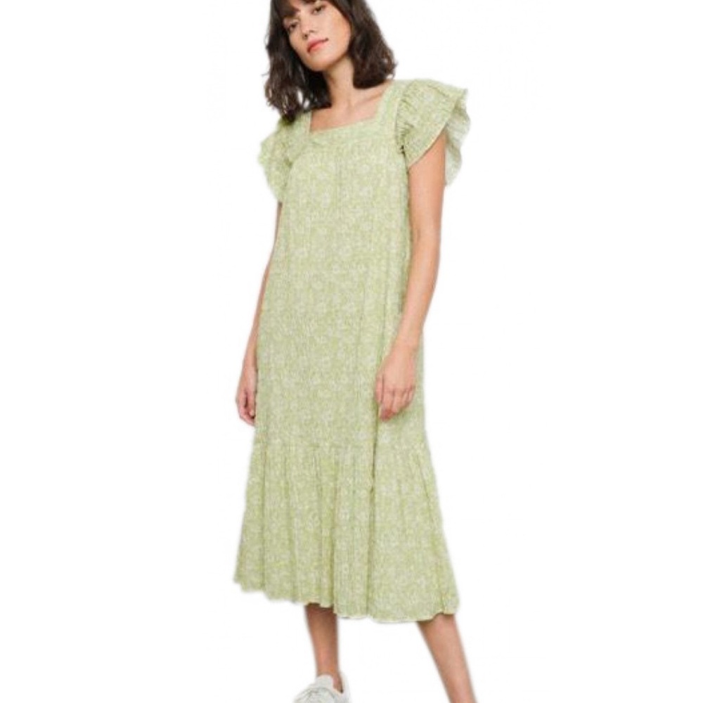 Rails Skylar Revolve Dress Green Posies Cotton Gauze Midi Ruffle Linen size XS